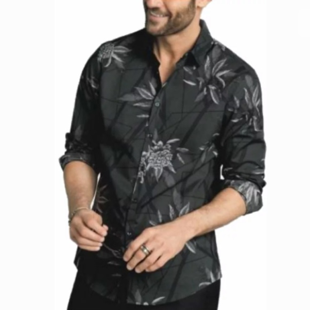 NWT INC Geometric Foliage otton Dark Green Shirt